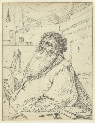 De heilige Paulus, zittend aan een tafel