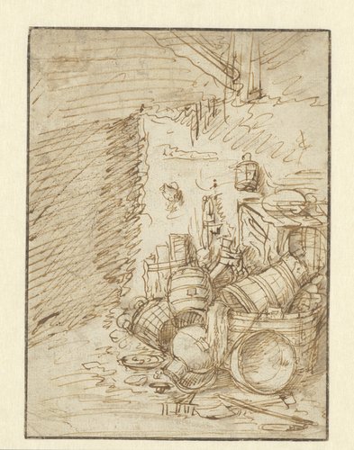 Stilleven met vaatwerk in een schuur