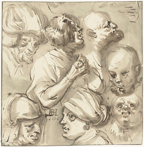 Schetsblad met zeven koppen