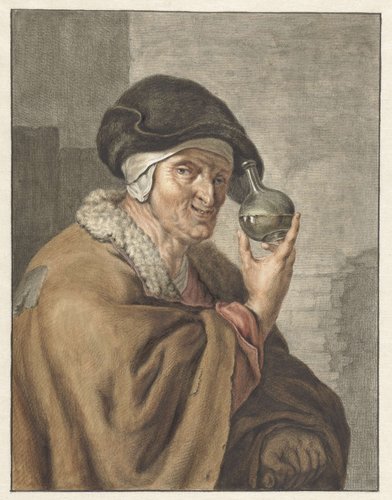 Oude vrouw met een urine-glas by Abraham Delfos