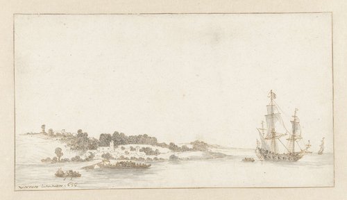 Schip en enkele sloepen bij een dorp aan de kust