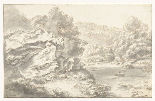 Rotsen en rivier in heuvellandschap
