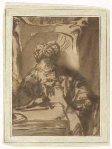 Actor Willem Bartholsz Ruyter as King Ahasuerus on his Throne by Rembrandt van Rijn