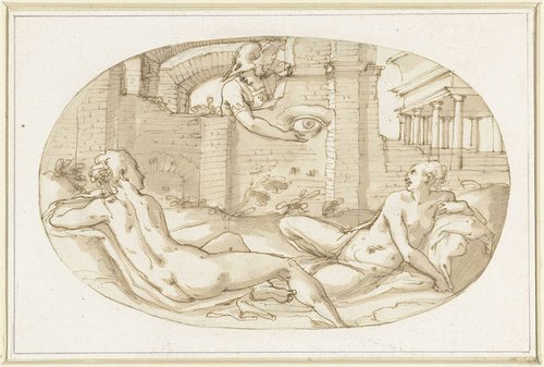 Twee vrouwelijke naaktfiguren en een Mercurius