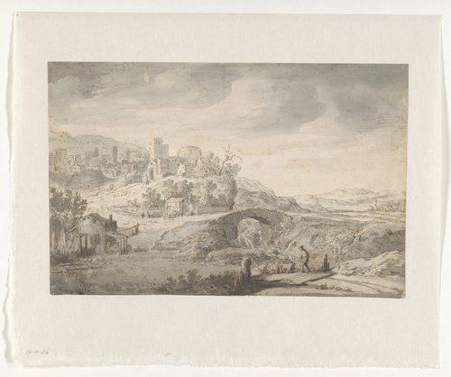 Landschap met stad op een heuvel en een herder