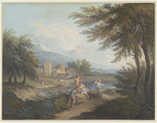 Arcadisch landschap met herders en een vrouw