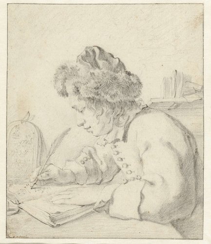Zittende jonge man met bontmuts, schrijvend in een boek