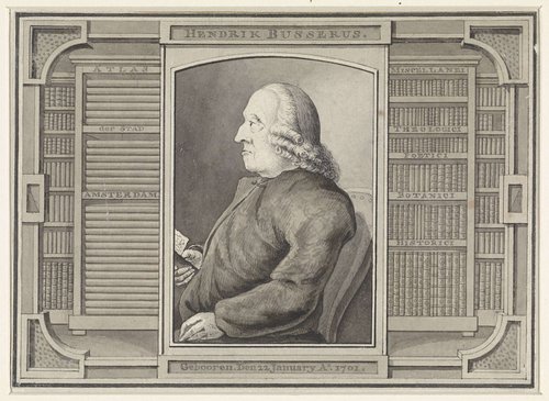 Portret van Hendrik Busserus, omlijst met boekenkasten