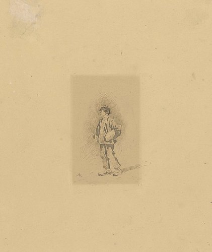 Lopende jongen naar links, een fles in de rechterarm, een brood (?) onder de linker