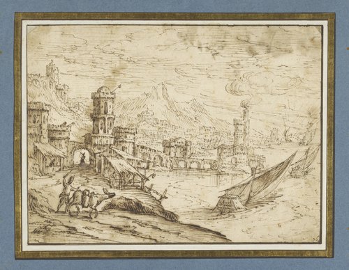 Stad aan een baai; rechts uitvarende galeien