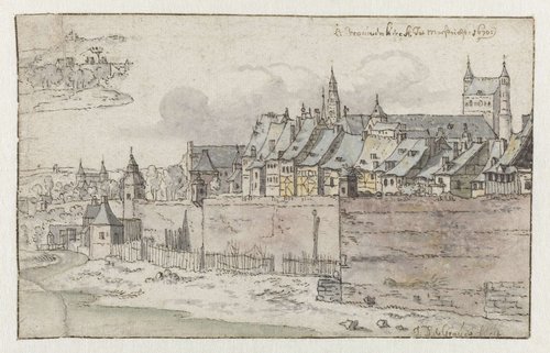 Gezicht op de muren van Maastricht met de O.L.Vrouwe-Basiliek in de achtergond by Josua de Grave