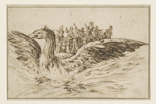 Muzikanten op de rug van een grote vogel by anonymous