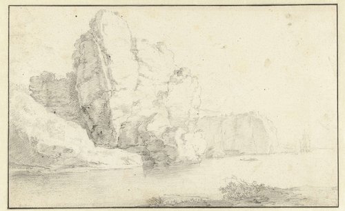 Rotsachtige kust met schepen in de nabijheid