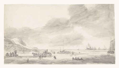 Strandgezicht met schelpenvissers en wandelaars by Simon de Vlieger
