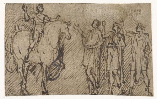 Generaal te paard wordt door drie mannen begroet