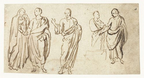 Vijf figuren in toga's nemen afscheid