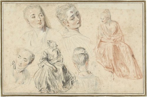 Vier vrouwenhoofden en twee zittende vrouwen