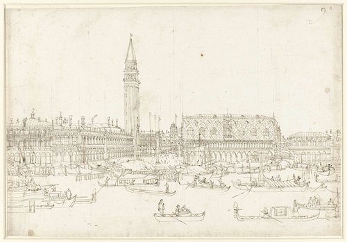 Gezicht op de Bibliotheek, Campanile en Dogenpaleis te Venetië, gezien vanaf het water