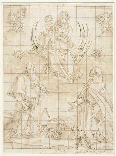 Madonna vereerd door twee heiligen