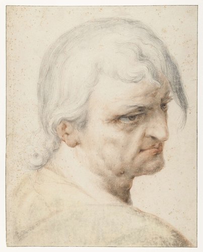 Kop van een man die over zijn rechter schouder kijkt, in driekwart naar rechts