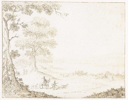 Koets en ruiters in een landschap aan een breed water