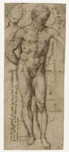 Studie van een naakte man (Hercules?) en twee hoofden van vrouwen