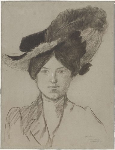Portret van een dame met brede hoed met veren, van voren gezien