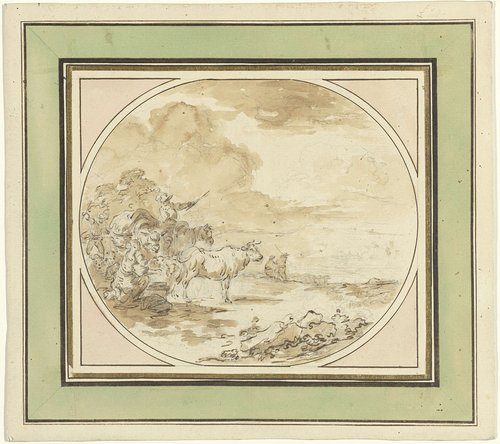 Familie met vee maakt halt bij een bron