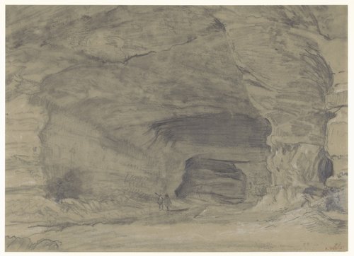 Twee figuren wandelen binnenin een grote grot by Alfred Robaut