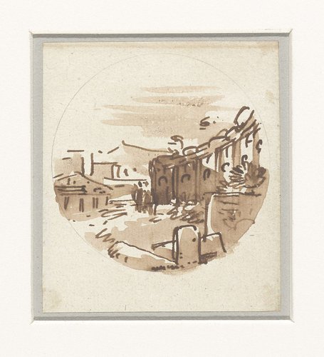 Vluchtige schets van klassieke gebouwen, een tempel en een portiek in een gebogen wand