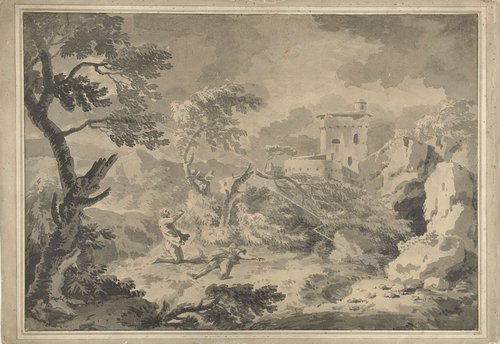 In een landschap slaat de bliksem op de voorgrond in