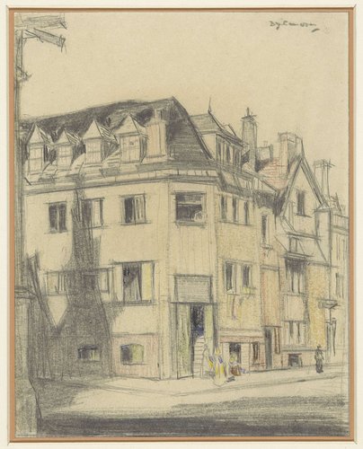 Gezicht op de hoek van een straat in een Engelse stad