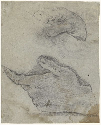 Twee handen, die een been (?) vasthouden