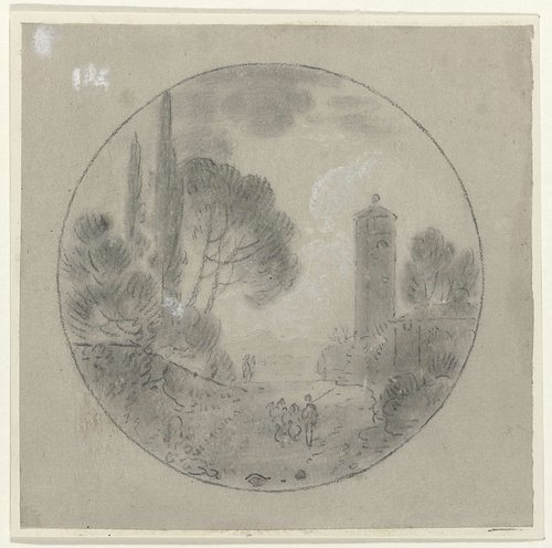 Italiaans landschap met enige figuren op een weg