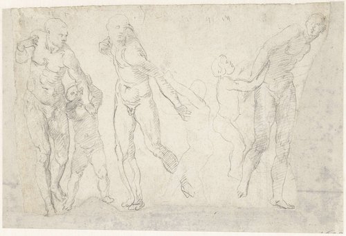 Drie studies van een man, die door een kind aan de arm wordt getrokken