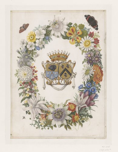 Alliantiewapen van Cornelis Calkoen en Maria van der Merct in een krans van bloemen