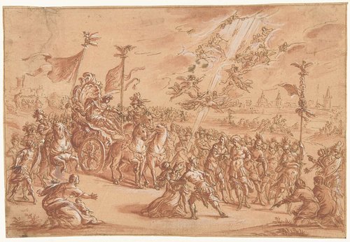 Een heilige bisschop knielt terzijde van de stoet van een Romeinse Imperator