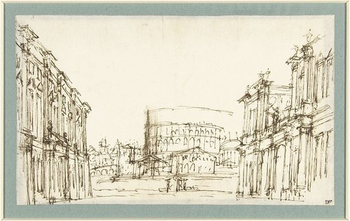 Fantasiearchitectuur met doorkijk op het Colosseum