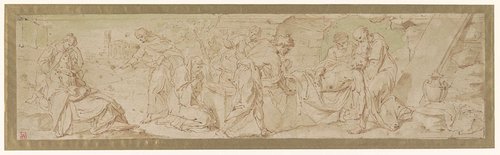 Ontwerp voor een graflegging met links de wenende Maria