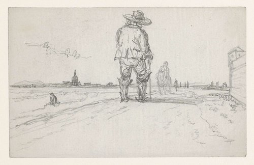 Landweg in de omgeving van de stad met wandelaar van achteren gezien; links de koepel van de Invalides by Georges Michel