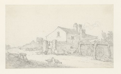 Boerderij; rechts daarvan een afdak voor een wagen