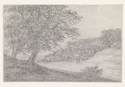 Weg tussen heuvels, rechts een dorp