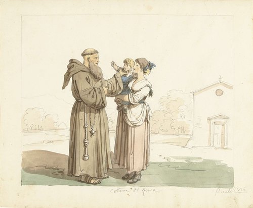 Jonge vrouw met kind staande voor een monnik