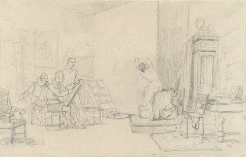 Drie kunstenaars in een zeventiende-eeuws interieur