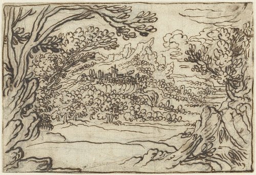 Landschap met vergezicht naar een vestingstadje op een bergplateau