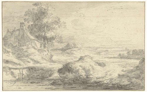 Heuvelig landschap met links een boerenwoning