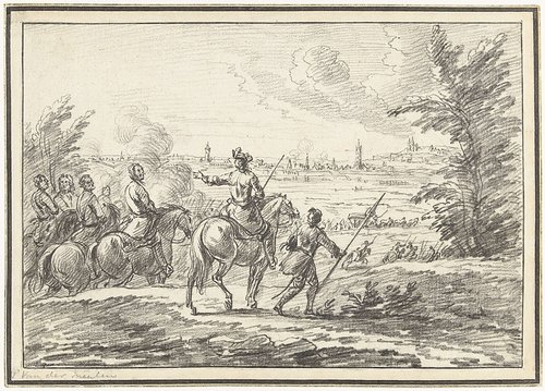 Ruiters op een heuvel voor een stad