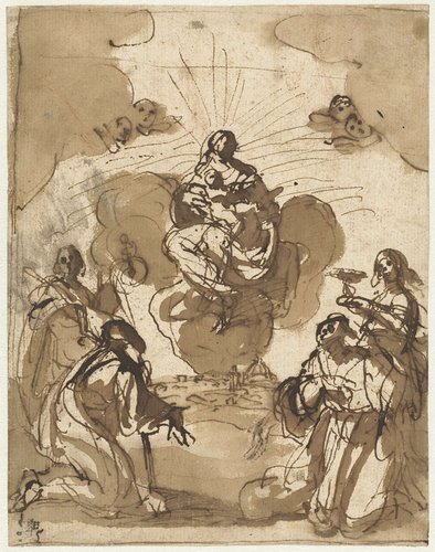 Vier heiligen aanbidden Maria