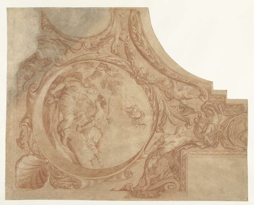 Ontwerp voor een hoekstuk van plafond met Jupiter als Diana met Callisto