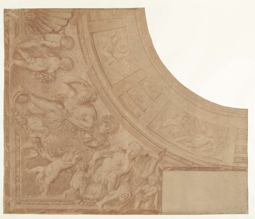 Ontwerp voor een hoekstuk van een plafond met zittende figuren, putti en buste van vrouw
